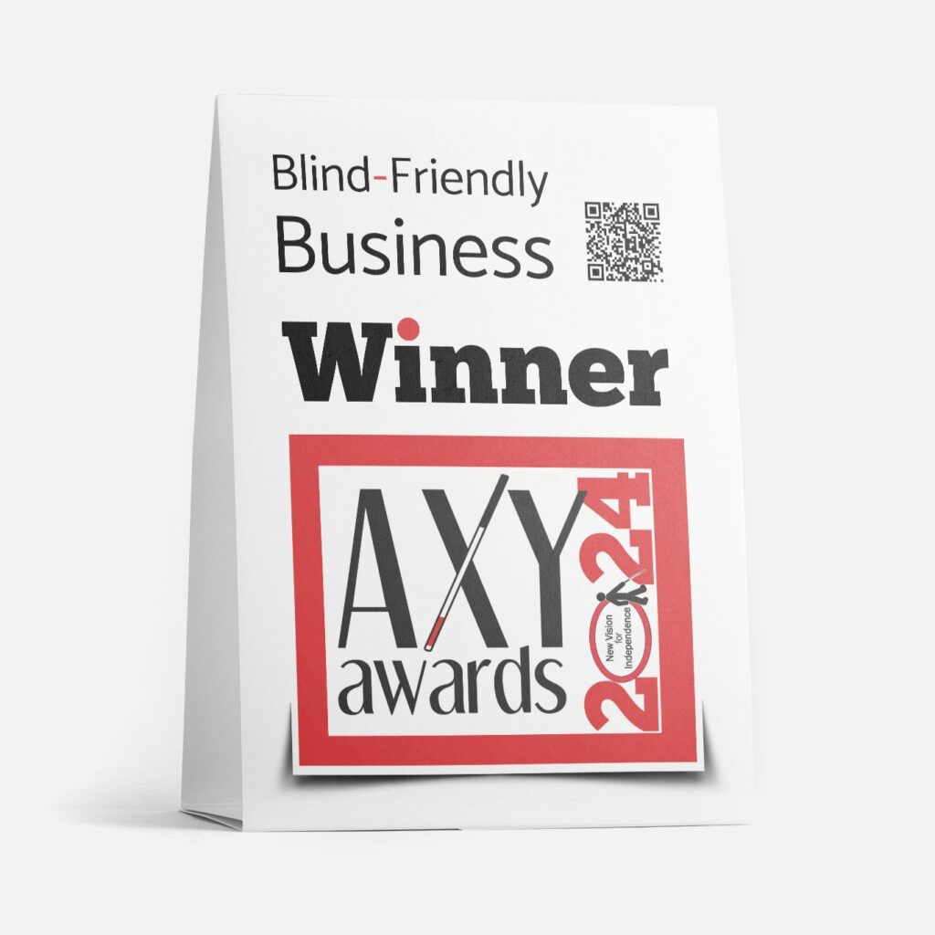 Blind-Friendly Business Winner Axy Awards 2024 table tent