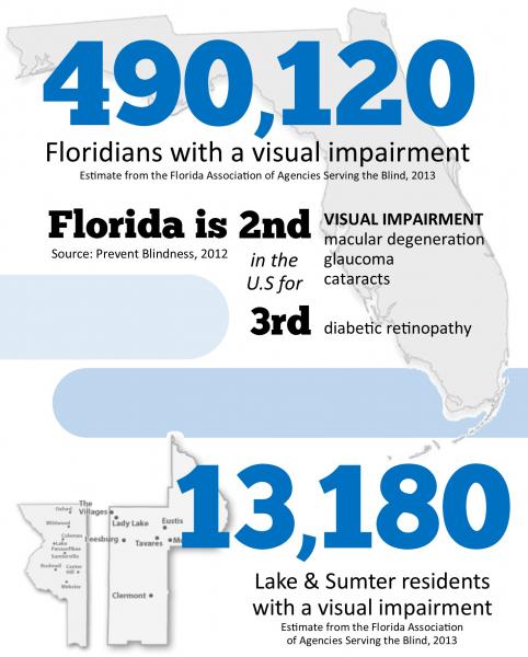 the vision loss statistics visually presented atop silhouettes of Florida and Lake/Sumter Counties
