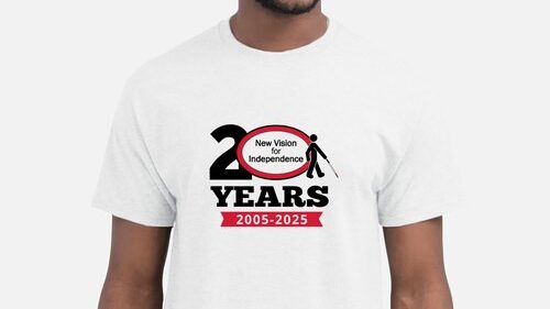 White t-shirt with New Vision's 20 years logo
