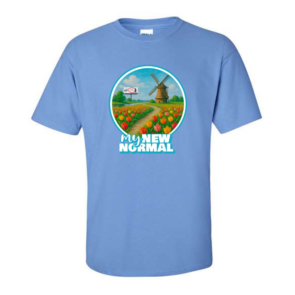 Each shirt features a vibrant circular illustration set in a picturesque tulip field with a classic Dutch windmill in the background. A winding dirt path cuts through rows of bright red and yellow tulips, symbolizing a journey of transformation and hope.
To the left of the path, there’s a billboard featuring the “New Vision for Independence” logo, reinforcing the organization’s guiding presence along that journey.
Beneath the image, the phrase “my NEW NORMAL” is prominently displayed in a fun and bold white and turquoise font—emphasizing a sense of ownership, positivity, and adaptation.