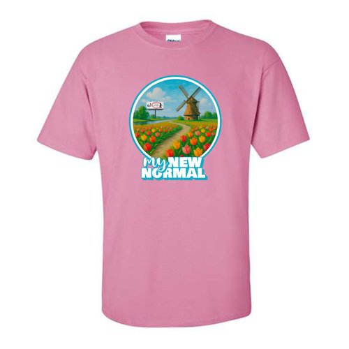 Each shirt features a vibrant circular illustration set in a picturesque tulip field with a classic Dutch windmill in the background. A winding dirt path cuts through rows of bright red and yellow tulips, symbolizing a journey of transformation and hope.
To the left of the path, there’s a billboard featuring the “New Vision for Independence” logo, reinforcing the organization’s guiding presence along that journey.
Beneath the image, the phrase “my NEW NORMAL” is prominently displayed in a fun and bold white and turquoise font—emphasizing a sense of ownership, positivity, and adaptation.