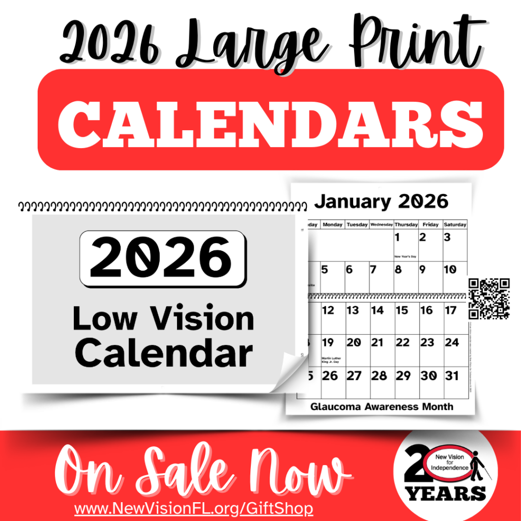 Graphic reads 2026 Large Print Calendars across the top with an image of the calendar cover and the month of January below with a QR code. Along the bottom of the graphic it says on sale now with the New Vision giftshop url. The New Vision logo in the bottom right hand corner.