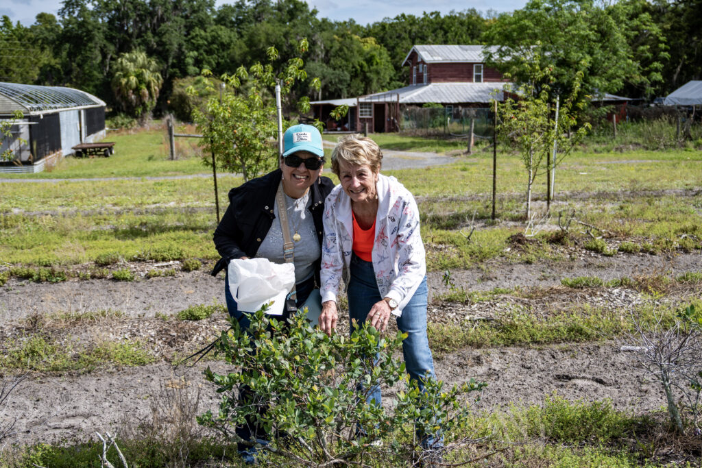 Two women pose around a blueberry bush and smile for a picture.
